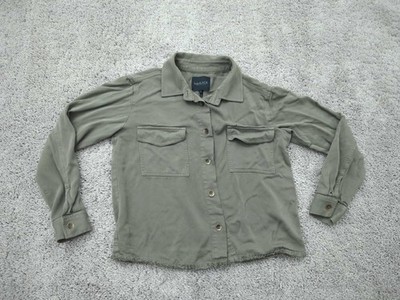 bobi Black Button Up Shirt Womens XS Green Utility Frayed Hem Cropped Oversized