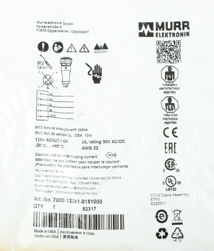 Murr Elektronik 7000-12241-0151000 M12 Female Cordset, 5-Pin, 10m, 22AWG - Picture 4 of 5