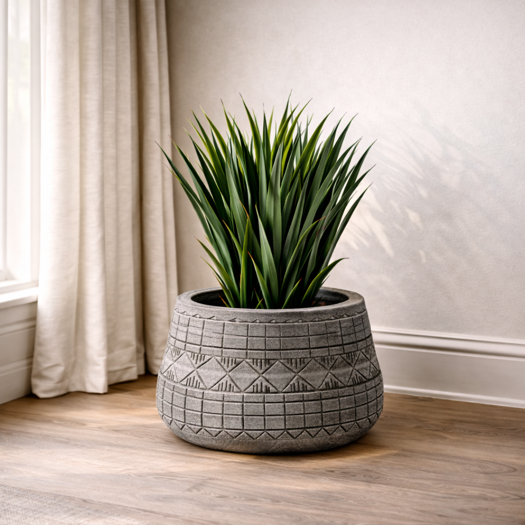 37cm Large Grey Embossed Planter Decorative Indoor Outdoor Flower Pot Container - Image 2