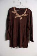 Stephen Y Womens Floral Embriodered Top - Brown - Size Large L (I78)