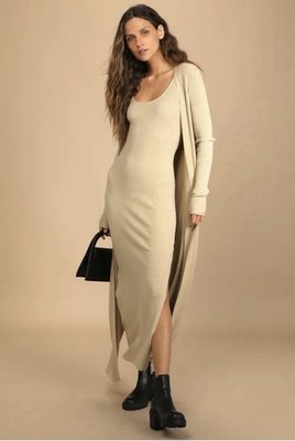 Lulus Layer Lover Beige Ribbed Knit Two-Piece Dress & Cardigan Set