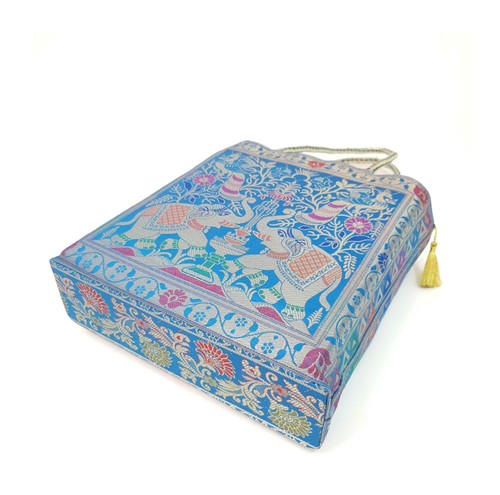 Turquoise Blue Handbag Ethnic Peacock Elephant Woven Zari Brocade Shoulder Bag - Picture 4 of 8