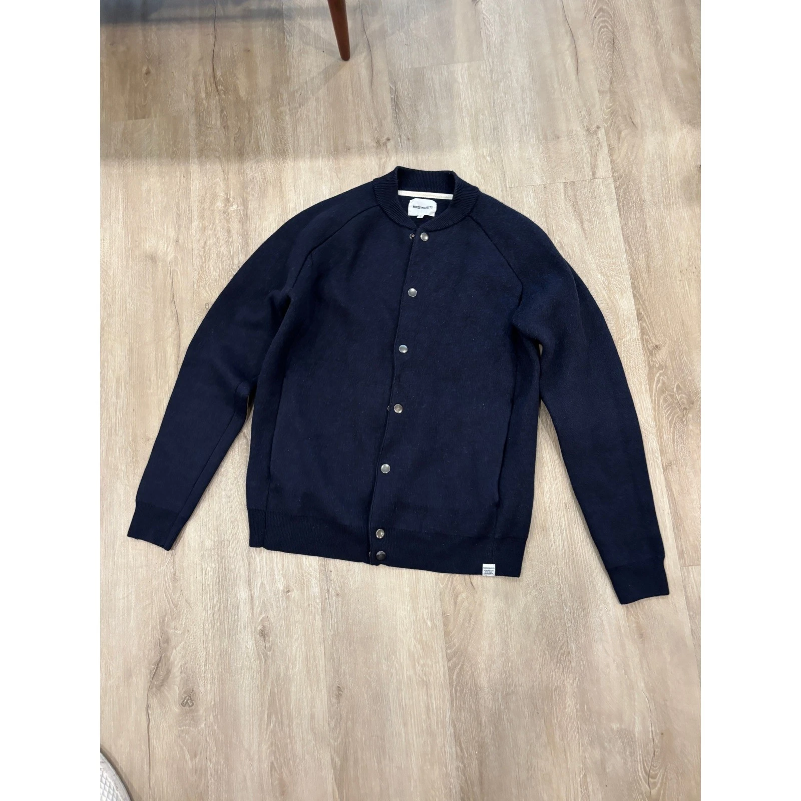 Norse Projects Mens Navy Blue Wool Knit Bomber Jacket Snap Front Small - product detail image 1