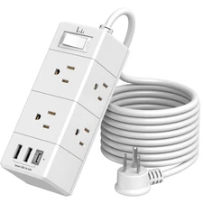 10Ft Extension Cord Flat Plug Power Strip - 3-Side Outlet Extender with 6 AC ...
