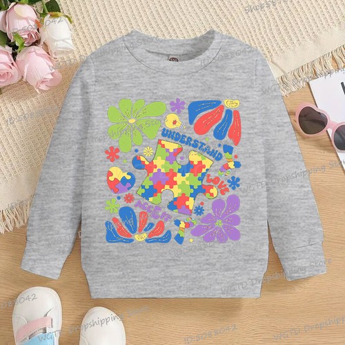 Vintage Autism Puzzle Flower Children's Clothing 2025 New Long Sleeve Crewneck Y - Picture 21 of 84