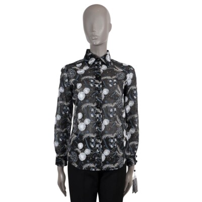 69443 auth GIORGIO ARMANI black FLORAL FIL COUPE Button-Up Shirt 40 S