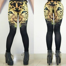 Sexy Pantaloni Stampa stampati aderenti Leopard Head Print Black Leggings skin