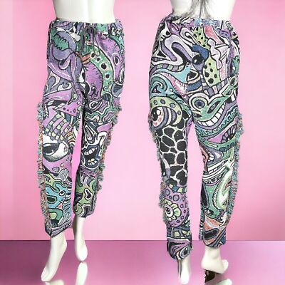 LAB CARTY Designer Joggers Psychedelic Woven Flare Pants Fringe Women s Size M