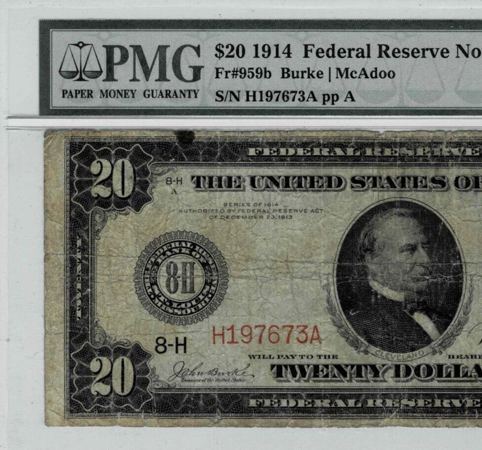 1914 $20 Federal Reserve'Red Seal'note-fr.959b (St.Louis) PMG VG 8--Very Scarce - Image 3 of 4