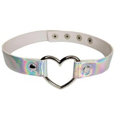 Hologram Heart Choker Shiny Metallic Adjustable Snaps Iridescent Silver 999468