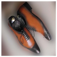 Handmade Men's Two Tone Pointed Toe Leather Lace Up Whole Cut Shoes, Sale !!!