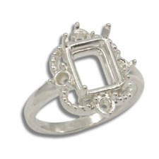 Sterling Emerald Cut Accented Milgrain Pre-notched Ring Mounting Size 5-11