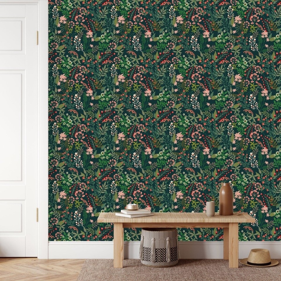 Green Wallpaper with Wildflowers Peel and Stick and Prepasted eBay