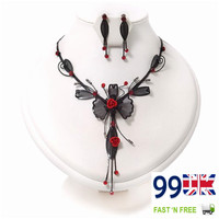 Red Rose Necklace & Drop Earring Set - Black Metal Exquisite Y-shape Jewelry Set Red Rose Necklace & Drop Earring Set - Black Metal Exquisite Y-shape Jewelry Set
