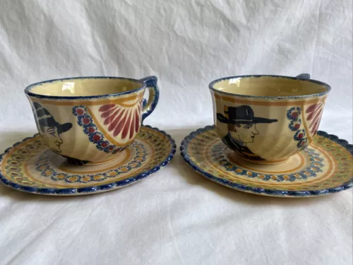 2 Antique/Vintage Ivoire Corbeille Henriot Quimper Breton Man Cups & Saucers