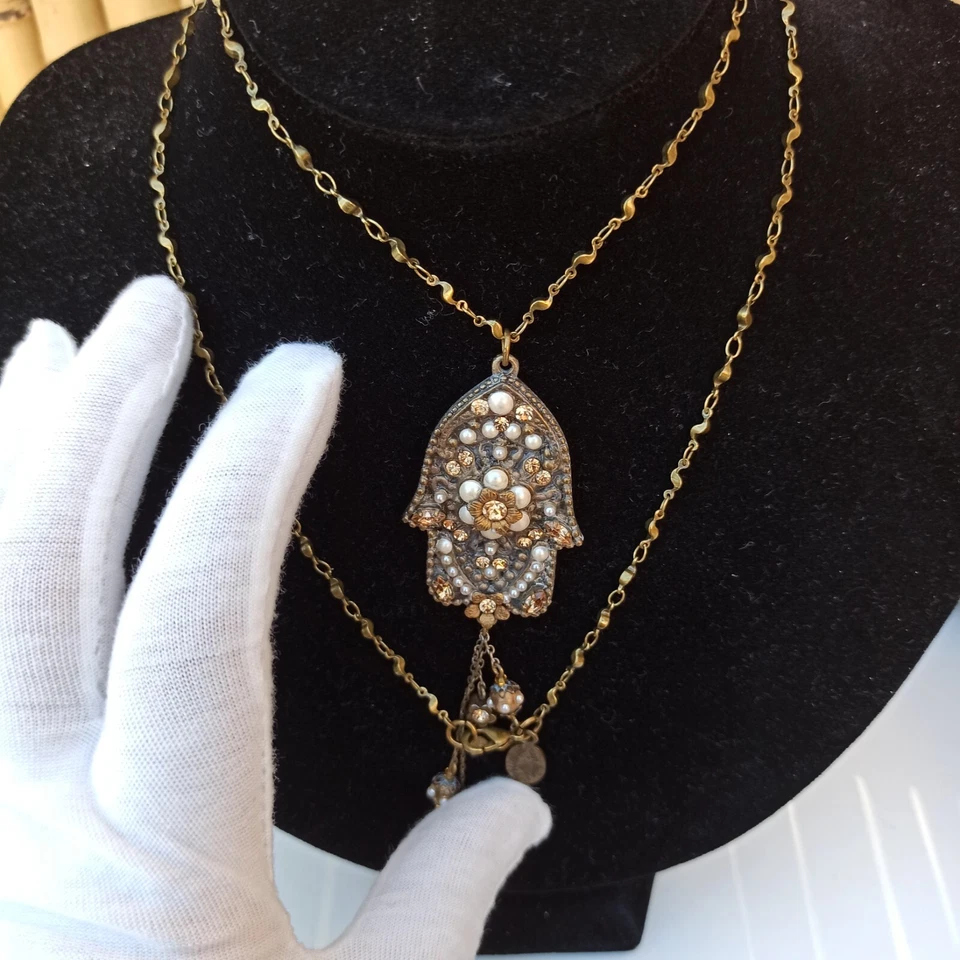 Collar Colgante Michal Negrin Hamsa Perlas Largas Grandes Swarovski y Cristales Regalo Foto 3 de 4