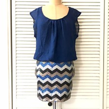 As U Wish Womens Dress Small Blue Sequin Chevron Blouson Evening Cocktail Party