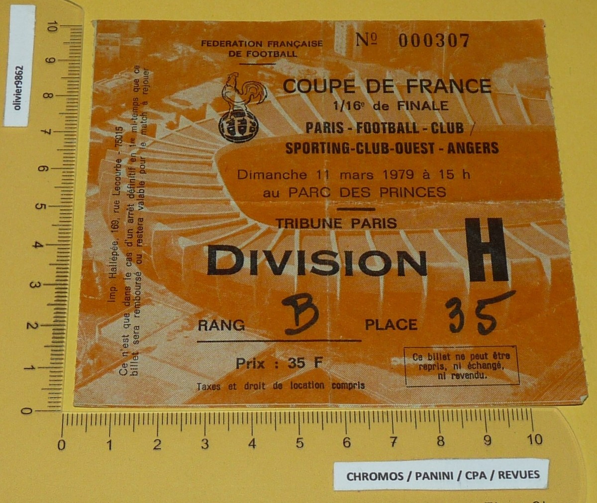 Billet Match PARIS FC / SCO ANGERS - Coupe De France 16ème De Finale 1979 - Parc Des Princes - Vintage