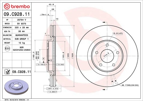 2x Brake Discs Pair Vented Front 320mm 09.C928.11 Brembo Set 402064CE0A Quality
