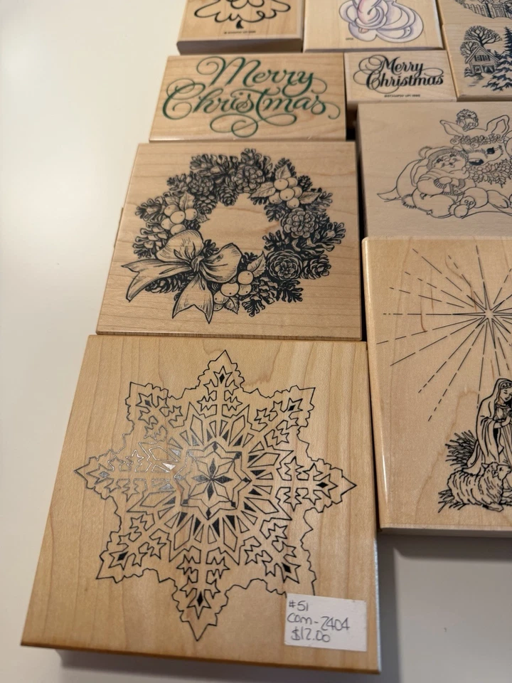 Lot Of 18 Christmas Holiday Craft Stamps Various Wood Block Stamps Mostly Large - Image 2 of 4