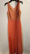 BCBGMAXAZRIA Dress Womens 6 Pink Coral Lace Pleated Maxi V Neck JGK62D46-6R3