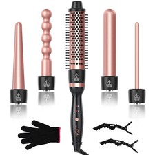 5 in 1 Curling Wand Set, Hair Curling Iron with Curling Thermal Brush 4 Inter...
