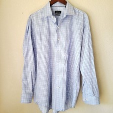 Bugatchi Blue Brown Check Mens Shirt 17 34/35 Button Down LSComfort Stretch