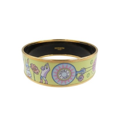 Good Condition HERMES mail GM Bracelet Tea for Two Cloisonn Metal Yellow Bangle