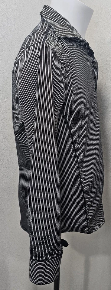 INC International Concepts 男式纽扣正装衬衫黑色白色细条纹 M — 第 4/4 张图片