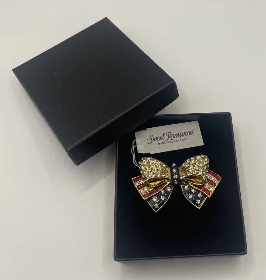 Sweet Romance USA American Flag Bow Brooch Pin Americana Patriotic US Flag - Image 2 of 3