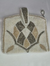 Vintage 1950s Belgian Hand Beaded Evening Clutch White Pearl Silver Floral