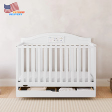 5-In-1 Convertible Baby Crib with Drawer and Reversible Headboard White