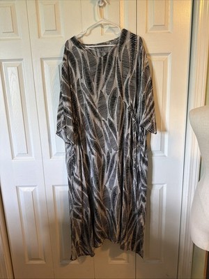 SELECTION BY ULLA POPKEN ~ WHITE WITH BLACK LEAVES TUNIC Kaftan DRESS  28/30 (9)