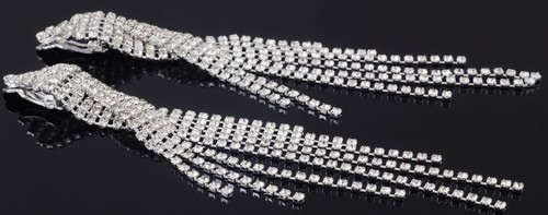 #E121T Pair Non-Pierced Clip On 12cm Long Tassel Crystal Wedding Party Earrings - Picture 5 of 6