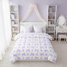 Bow 7 Piece Comforter Set Full Bed in a Bag for Girls Kids,Purple Bowtie Floral