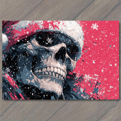 Art Print Skull Santa Hat Red Snow Splatter Holiday Horror Metal Christmas Cool