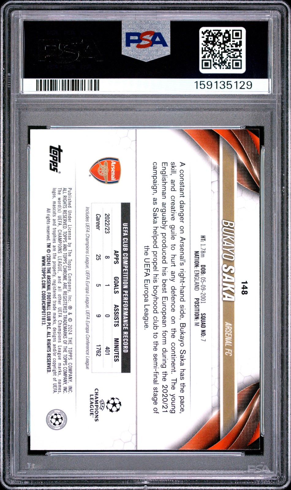 2023-24 TOPPS CHROME UCC GREEN REFRACTOR #148 BUKAYO SAKA 28/75 PSA 10 view 2