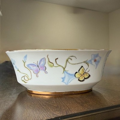 VTG Hand Painted E. Blum 1990 Signed Butterfly and Morning Glory Porcelain Bowl