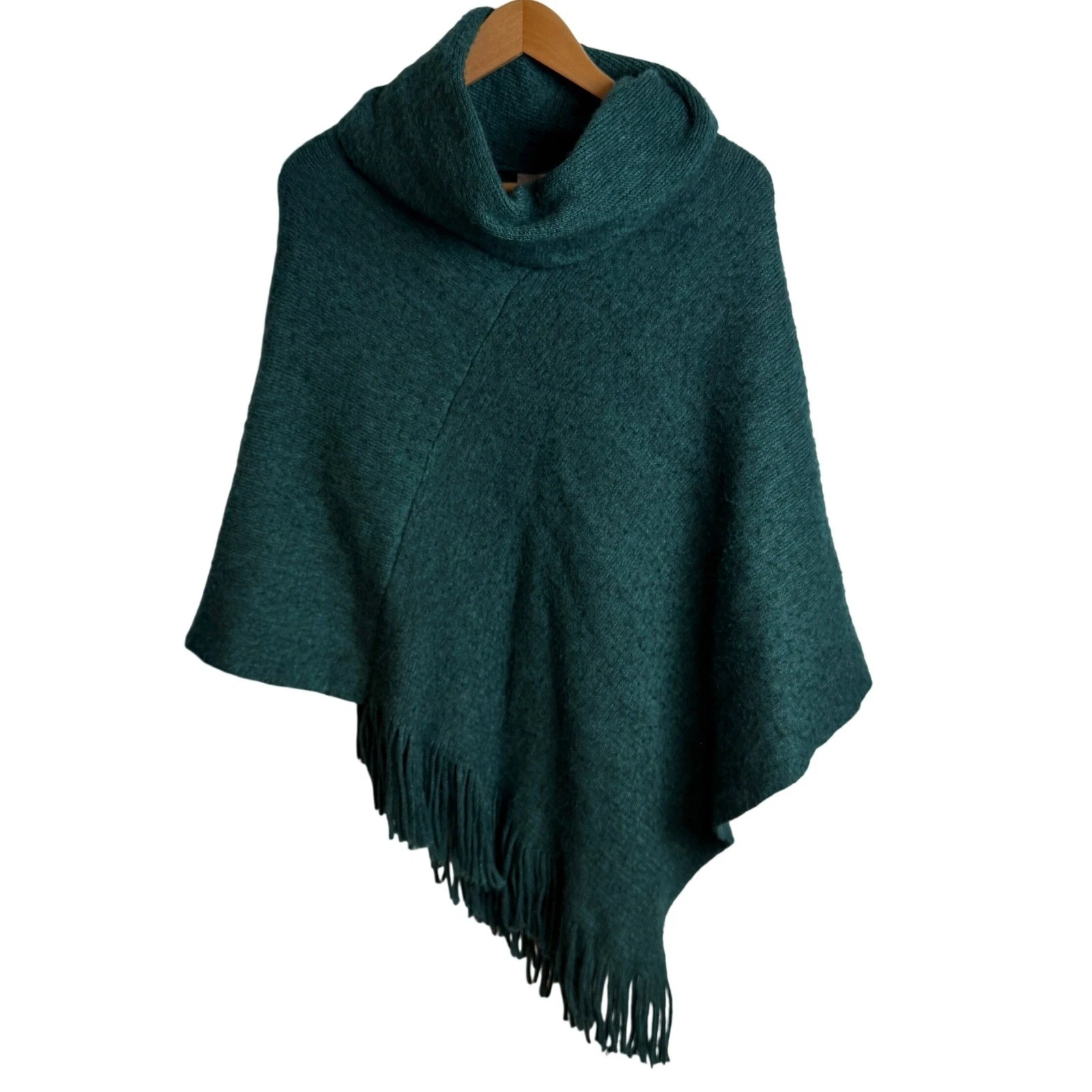 Chico's Women Green Cowl Neck Fringe Poncho OS Teal Knit Cape Boho Artsy Travel