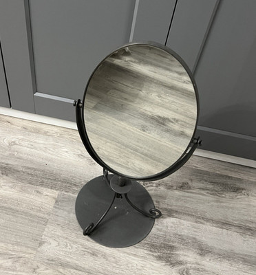 Round Tabletop Freestanding Make-Up Mirror, Black Matte Metal Frame, Unlighted