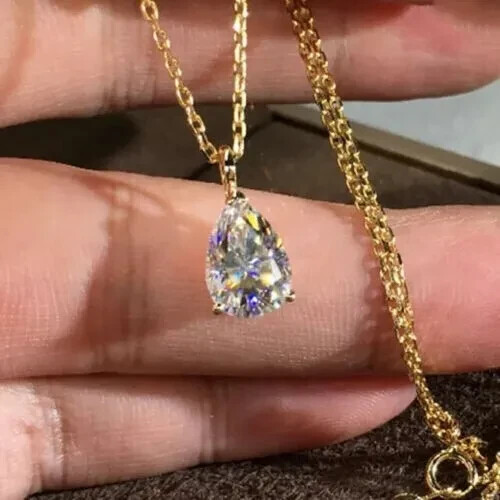 2 Ct Pear Cut Lab Created Solitaire Pendant 14K Yellow Gold Plated Free Chain - Picture 4 of 4
