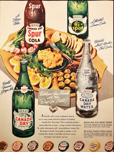 Pubblicità stampa bevande secche Canada 1949 piatto salumi Spur Hi-Spot Club Soda