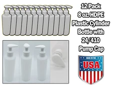 12 PK HDPE 8 oz. Plastic Cylinder Natural Bottle with 24/410 Pump