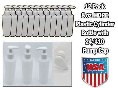 12 PK HDPE 8 oz. Plastic Cylinder Natural Bottle with 24/410 Pump