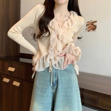 Lady Ruffle Knit Sweater Cardigan V Neck Mesh Flare Sleeve Slim Fit Casual Basic