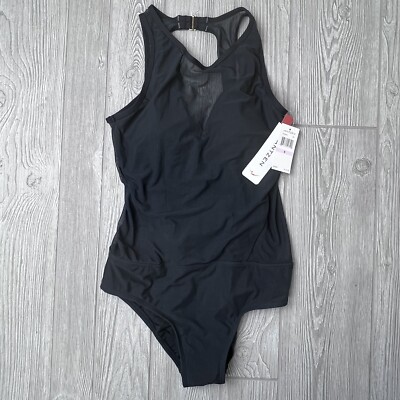NWT Jantzen Black High Neck 1 Piece Swimsuit Swimwear Sheer Mesh Strap Hook Sm 6