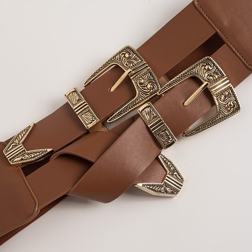 Double Buckle Vintage Carved Wide Elastic Button Adjustable Waistband Belts NEW - Picture 7 of 12