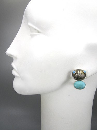 UNUSUAL REBECCA COLLINS STERLING TURQUOISE AFRICAN BEAD CLIP ON EARRINGS - Picture 5 of 5