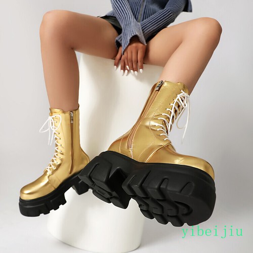 Damen Gothic Runde Spitze Stiefeletten Plateau Dicke Sohle High Top Absatz Schuhe Lady - Bild 17 von 28