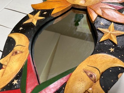 Vintage Sun & Moon Celestial Wooden Mirror with Stars Handpainted 23" Wood - Picture 3 of 14